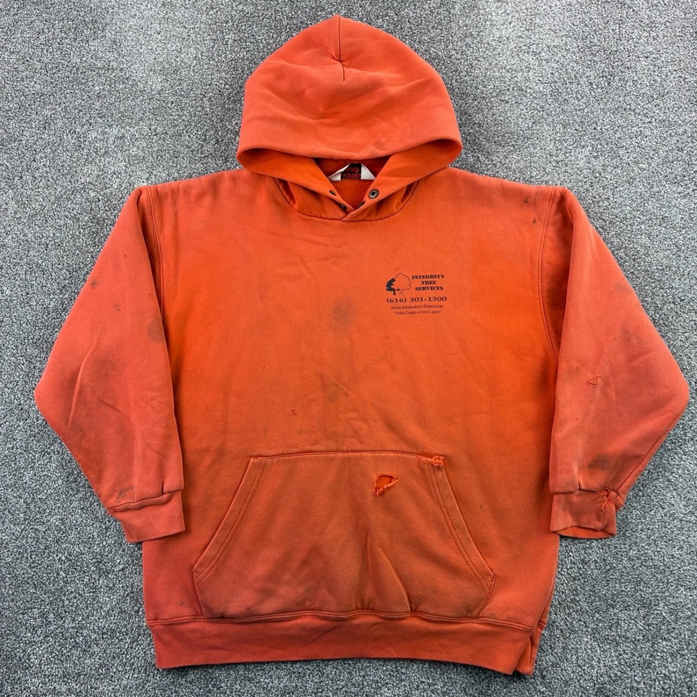 Vintage Double Face Hoodie Mens Small Orange Distressed‎ Integrity Tree Service